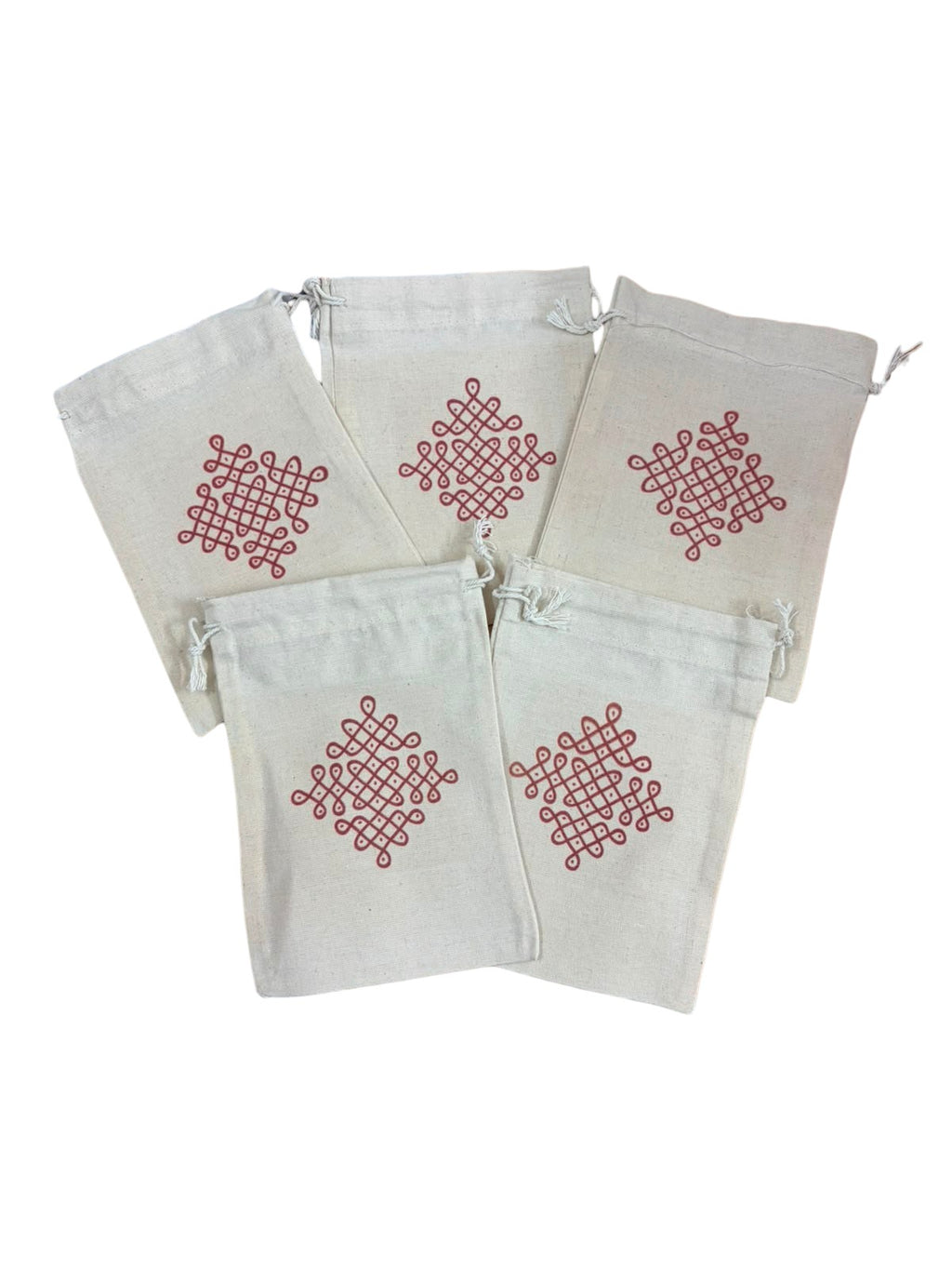 Eco-Friendly Cotton Potli Bags with Traditional Kolam Design (Pack of 5)