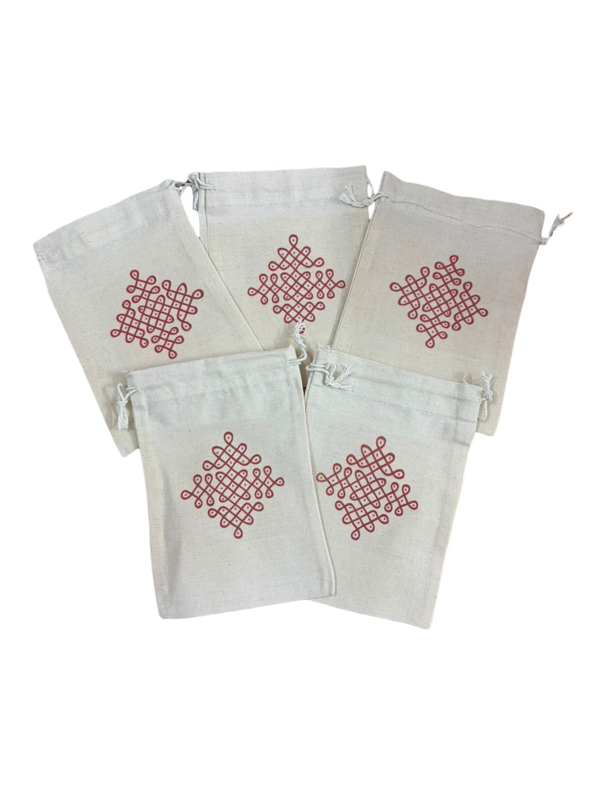 Eco-Friendly Cotton Potli Bags with Traditional Kolam Design (Pack of 5)
