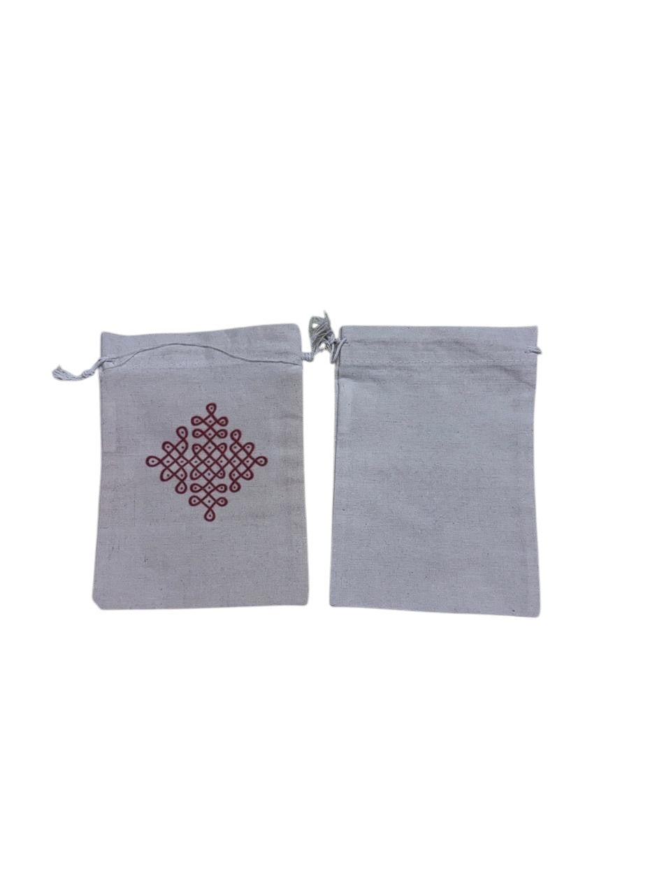 Eco-Friendly Cotton Potli Bags with Traditional Kolam Design (Pack of 5)
