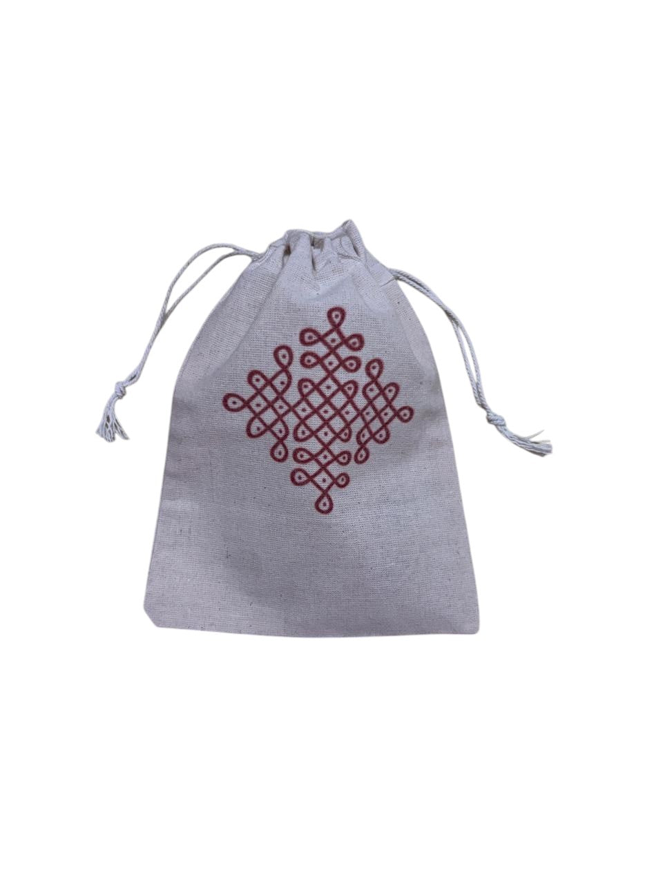 Eco-Friendly Cotton Potli Bags with Traditional Kolam Design (Pack of 5)