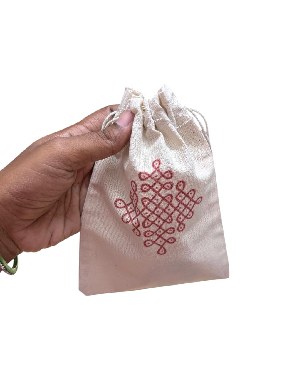 Eco-Friendly Cotton Potli Bags with Traditional Kolam Design (Pack of 5)