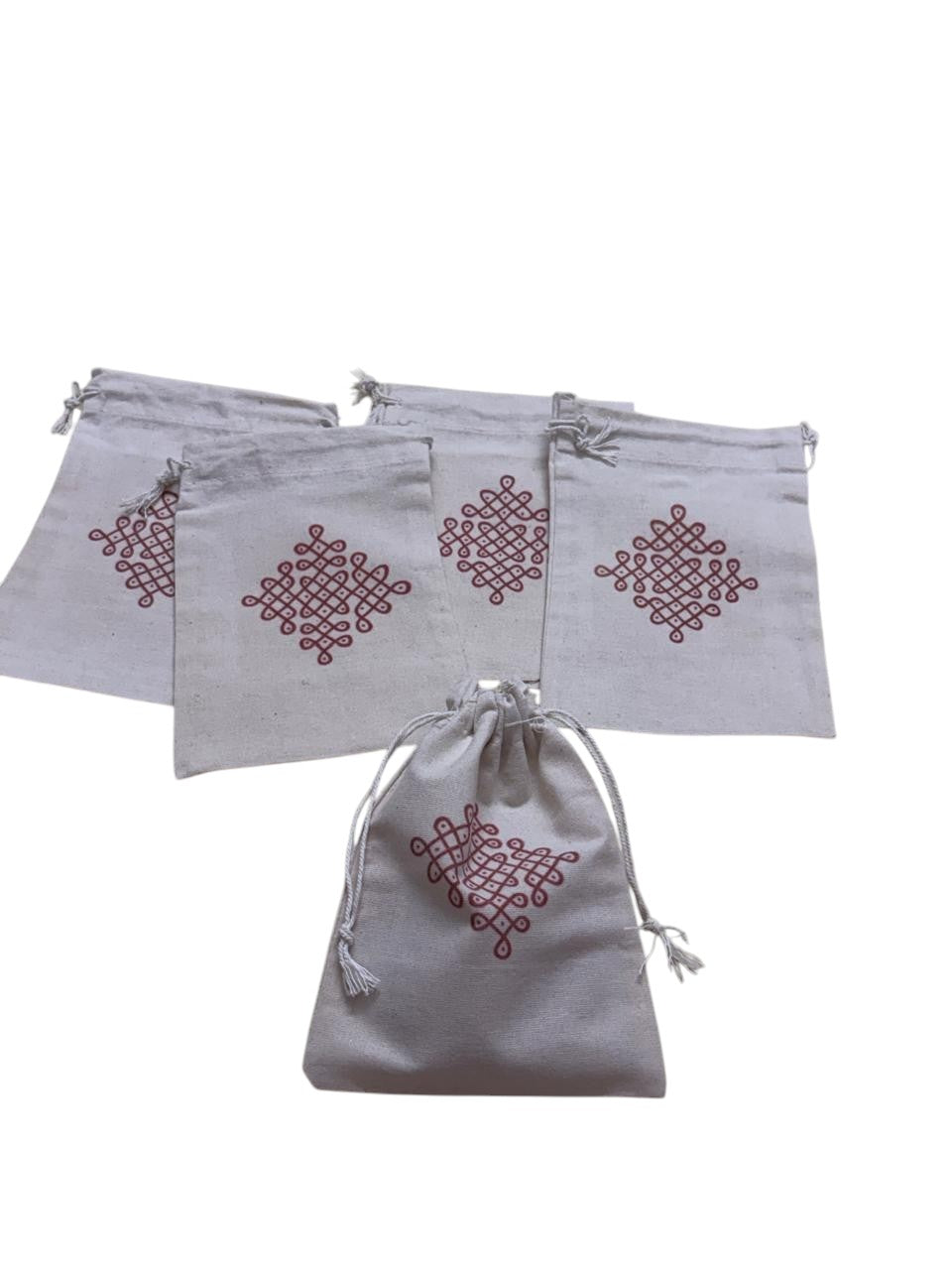 Eco-Friendly Cotton Potli Bags with Traditional Kolam Design (Pack of 5)
