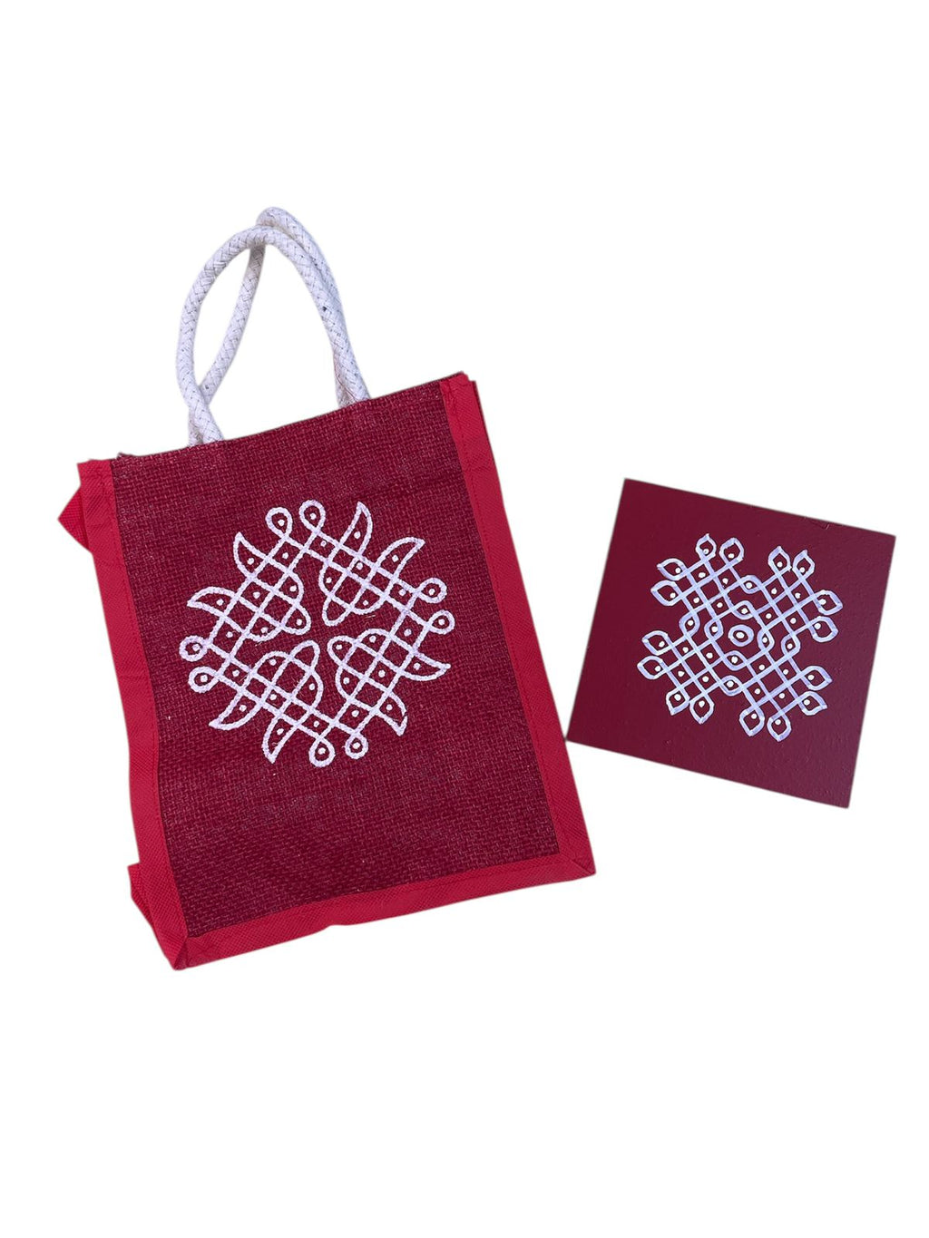 Kolam Print Jute Bag with Kolam Chowki Combo - Traditional Return Gift Set