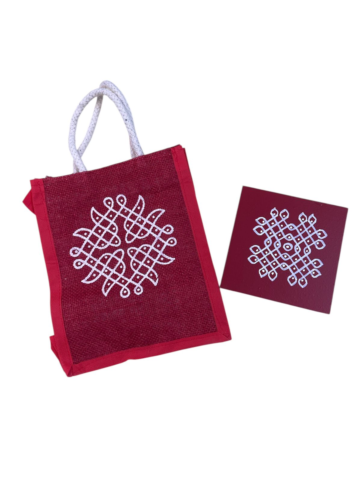 Kolam Print Jute Bag with Kolam Chowki Combo - Traditional Return Gift Set
