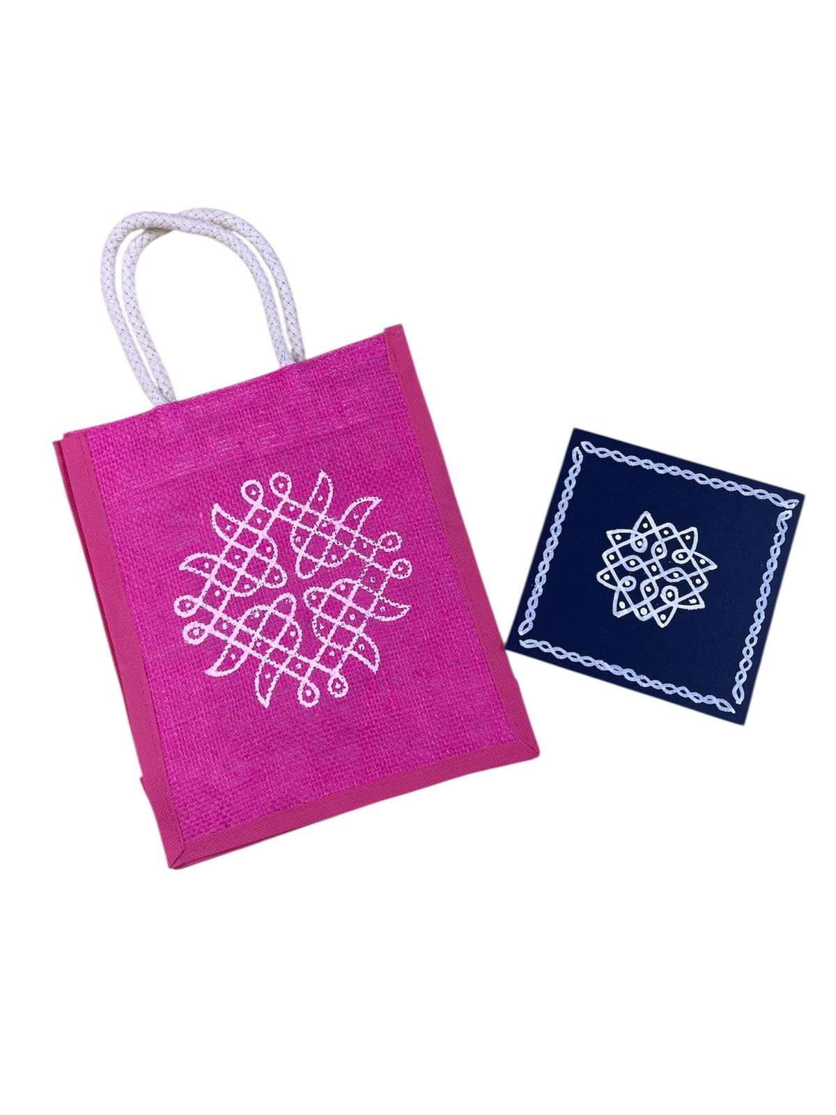Kolam Print Jute Bag with Kolam Chowki Combo - Traditional Return Gift Set