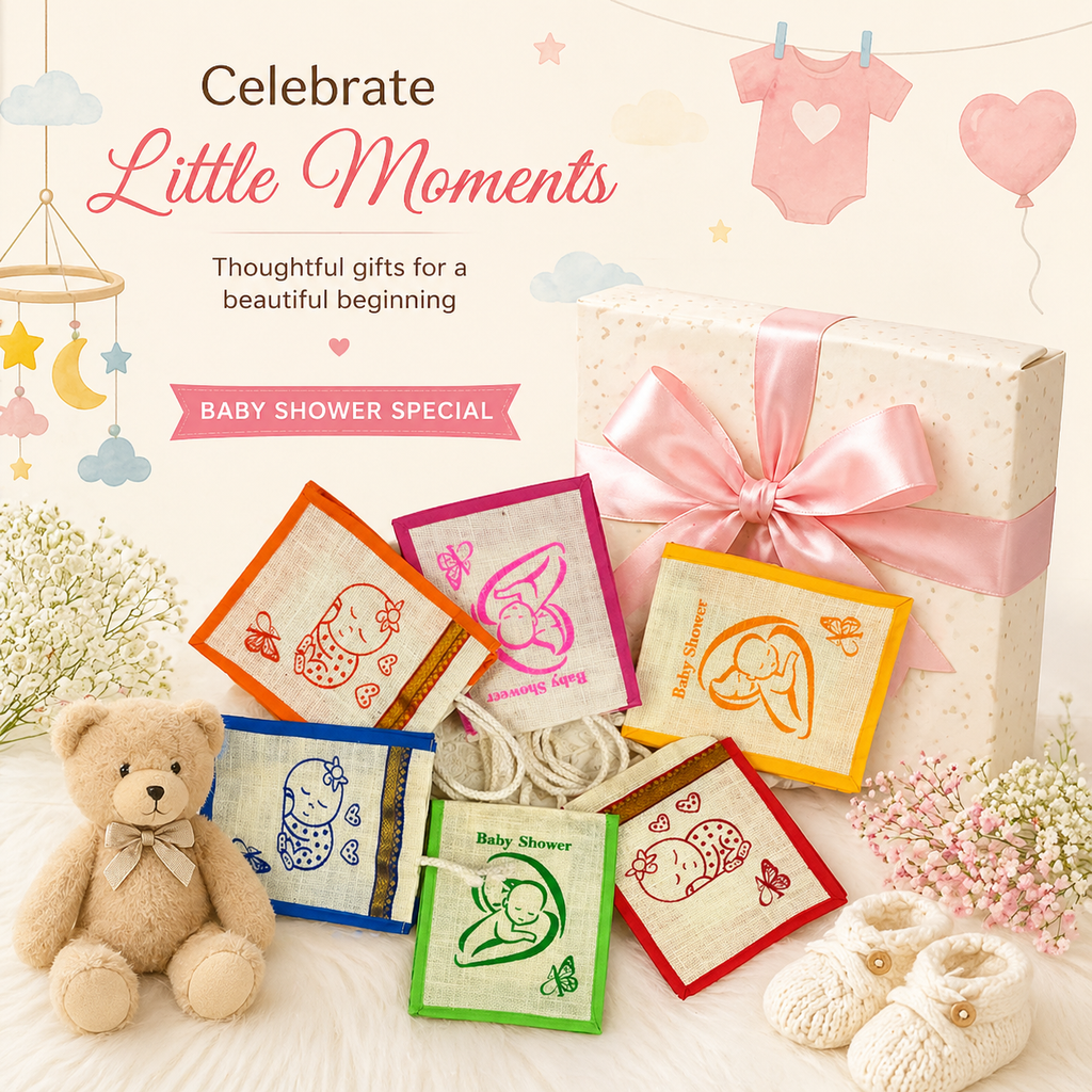 Baby Shower or Cradle Ceremony Theme Jute Bags in assorted colours