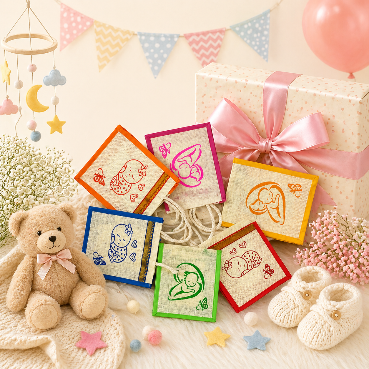 Baby Shower or Cradle Ceremony Theme Jute Bags in assorted colours
