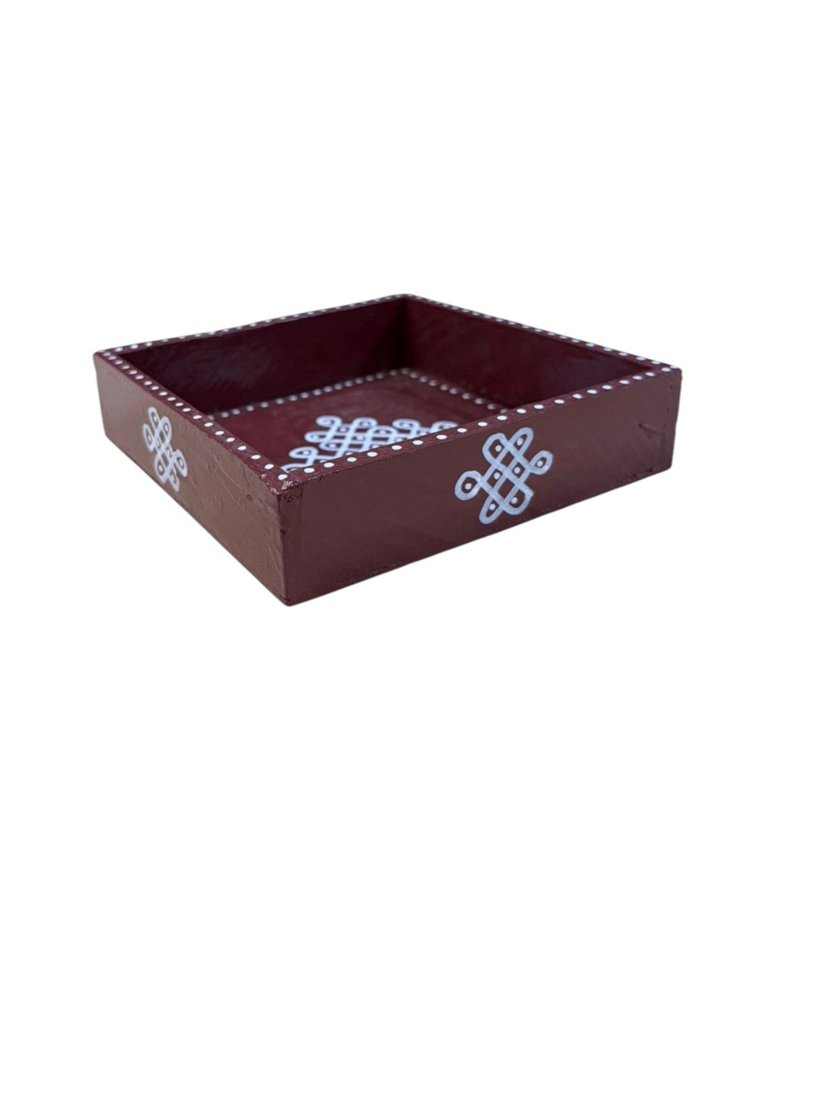 Hand Painted Kolam Wooden Tray | 6x6 Inch Pine Wood Tray (Brown)