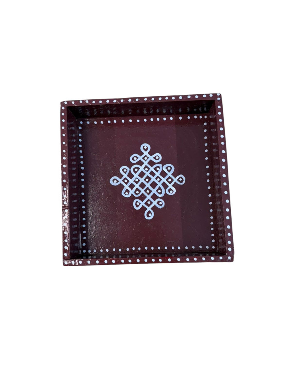 Hand Painted Kolam Wooden Tray | 6x6 Inch Pine Wood Tray (Brown)