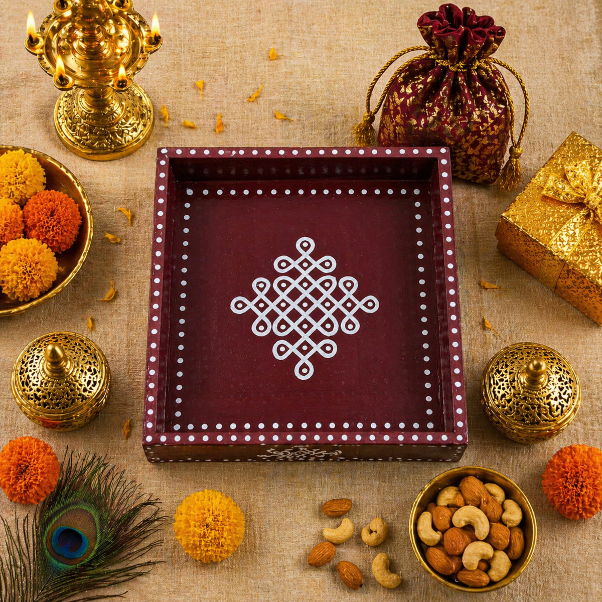 Hand Painted Kolam Wooden Tray | 6x6 Inch Pine Wood Tray (Brown)