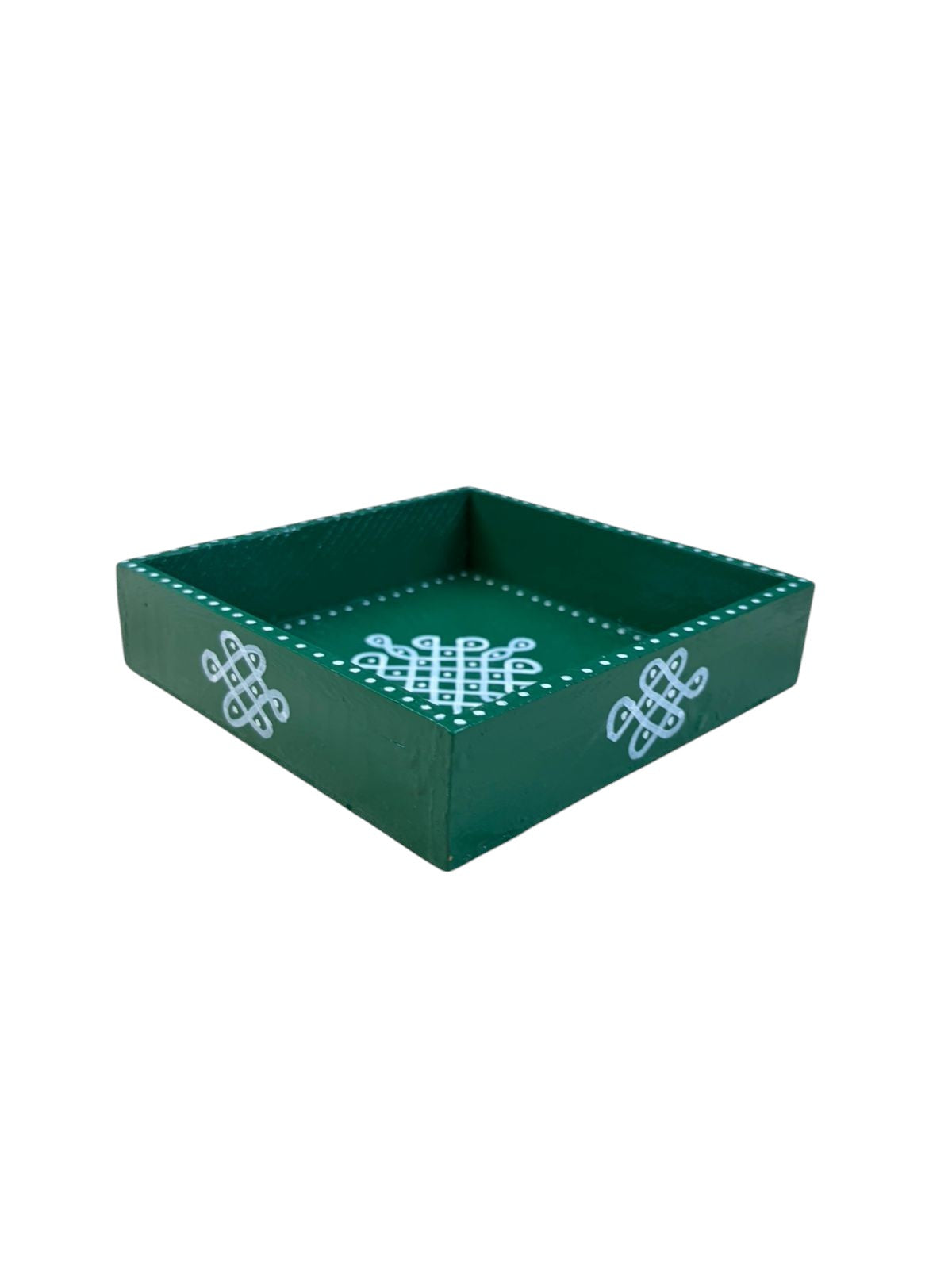 Hand Painted Kolam Wooden Tray | 6x6 Inch Pine Wood Tray (Green)