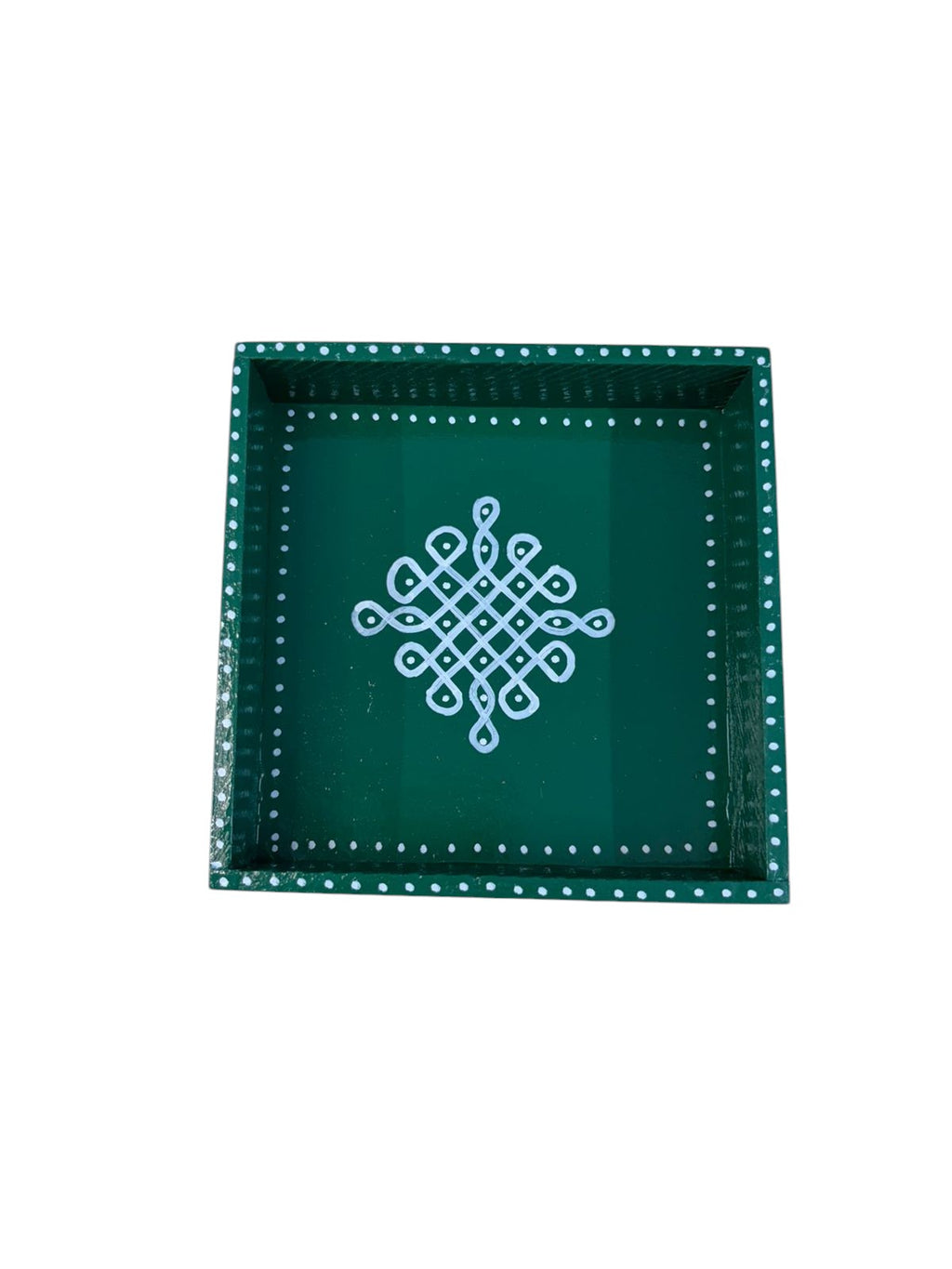 Hand Painted Kolam Wooden Tray | 6x6 Inch Pine Wood Tray (Green)
