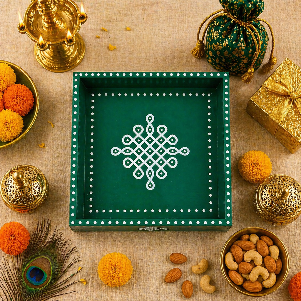 Hand Painted Kolam Wooden Tray | 6x6 Inch Pine Wood Tray (Green)
