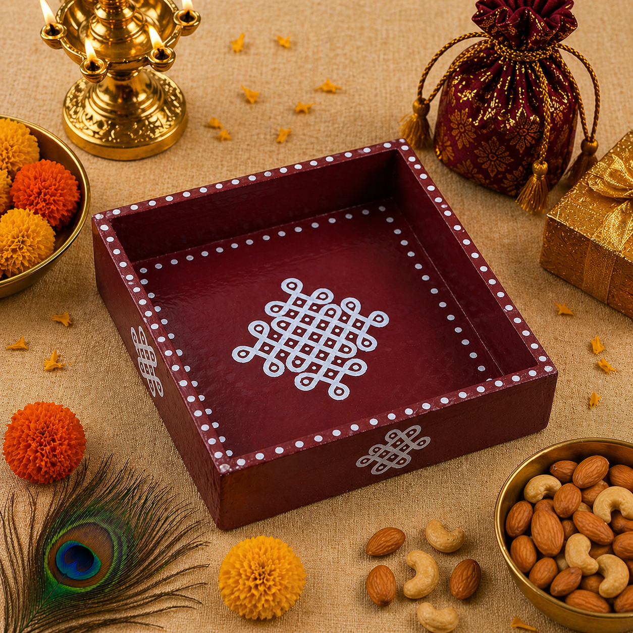 Handcrafted Wooden Tray with Kolam Design (6x6 Inch)