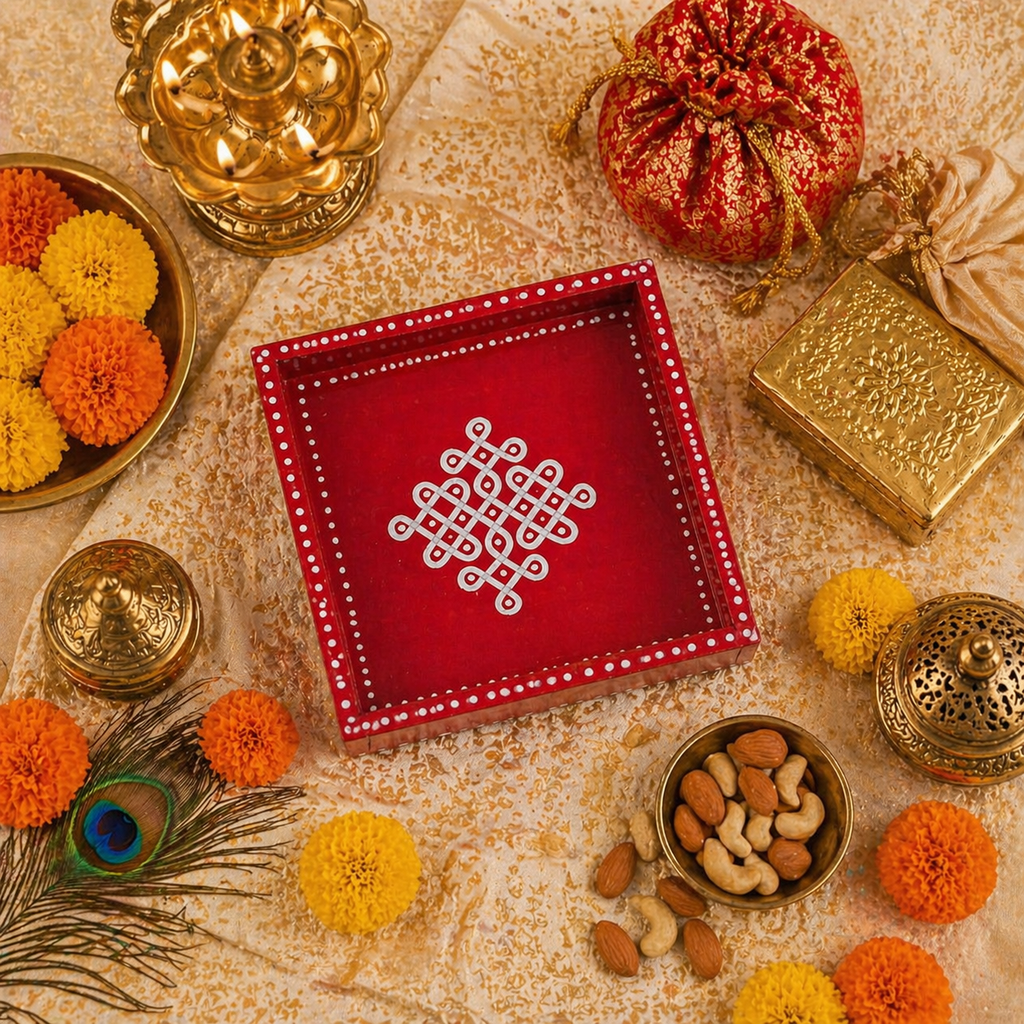 Handcrafted Wooden Tray with Kolam Design (6x6 Inch)