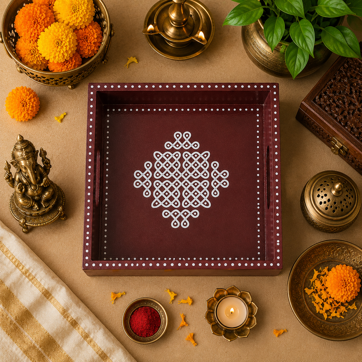 Kria Arts Kolam Design Pine Wood Tray 8x8