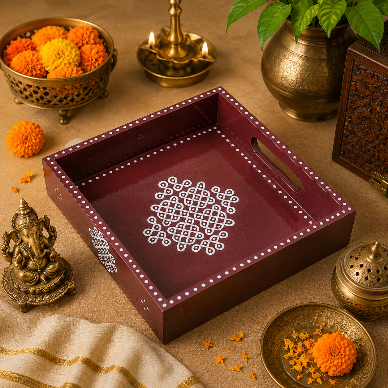 Kria Arts Kolam Design Pine Wood Tray 8x8