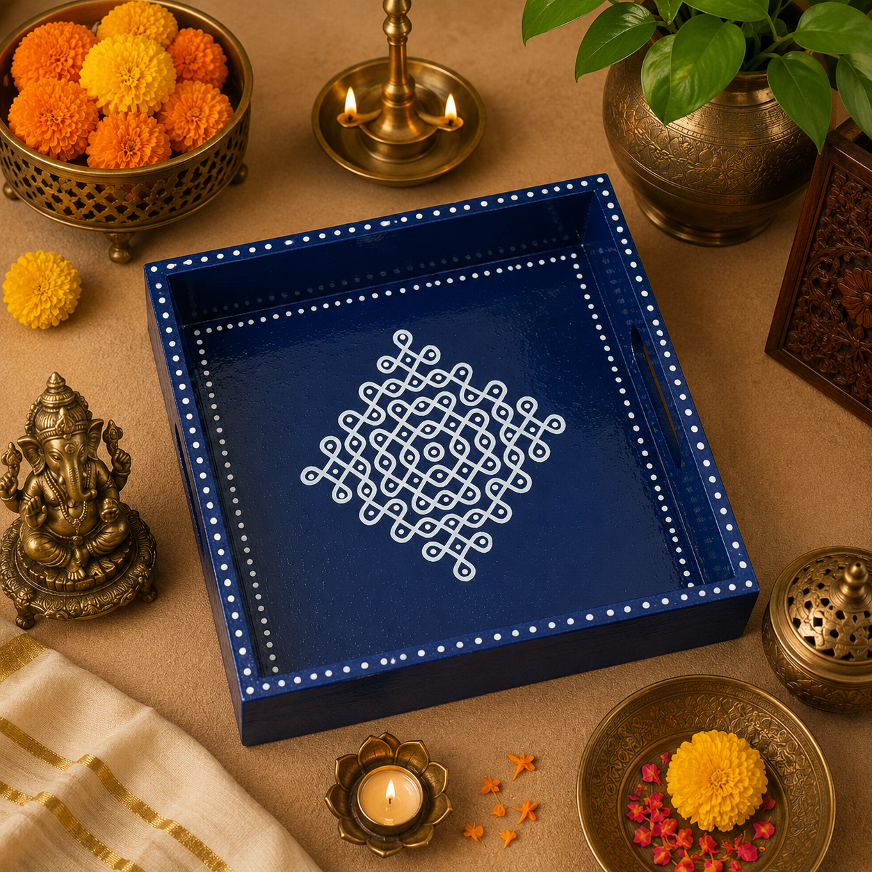 Kria Arts Kolam Design Pine Wood Tray 8x8