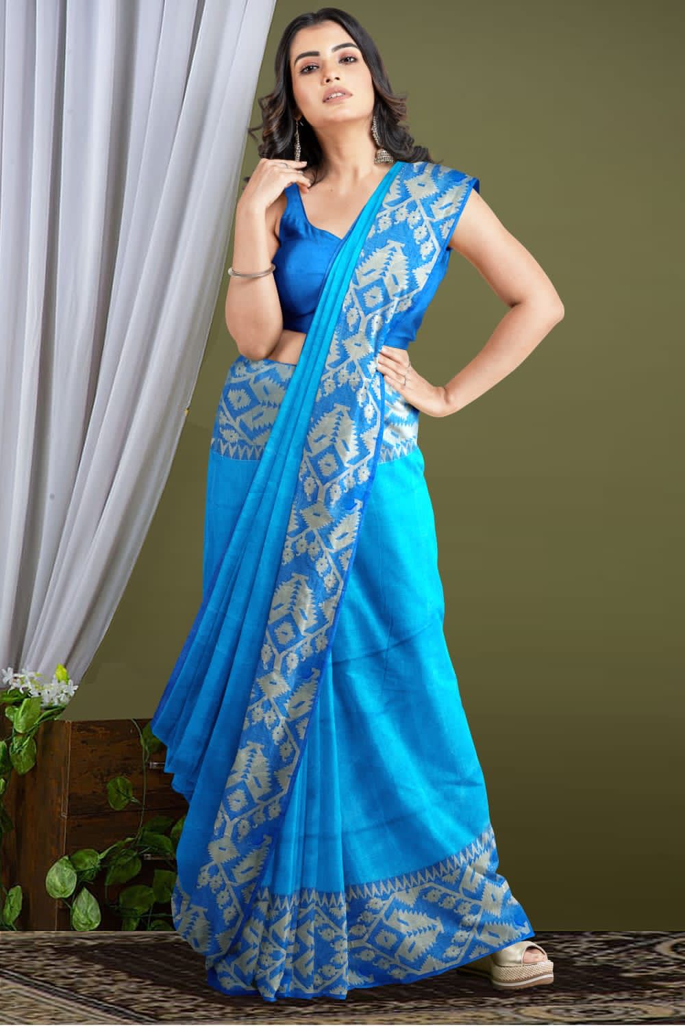 Handloom khadi cotton saree blue ikkat design