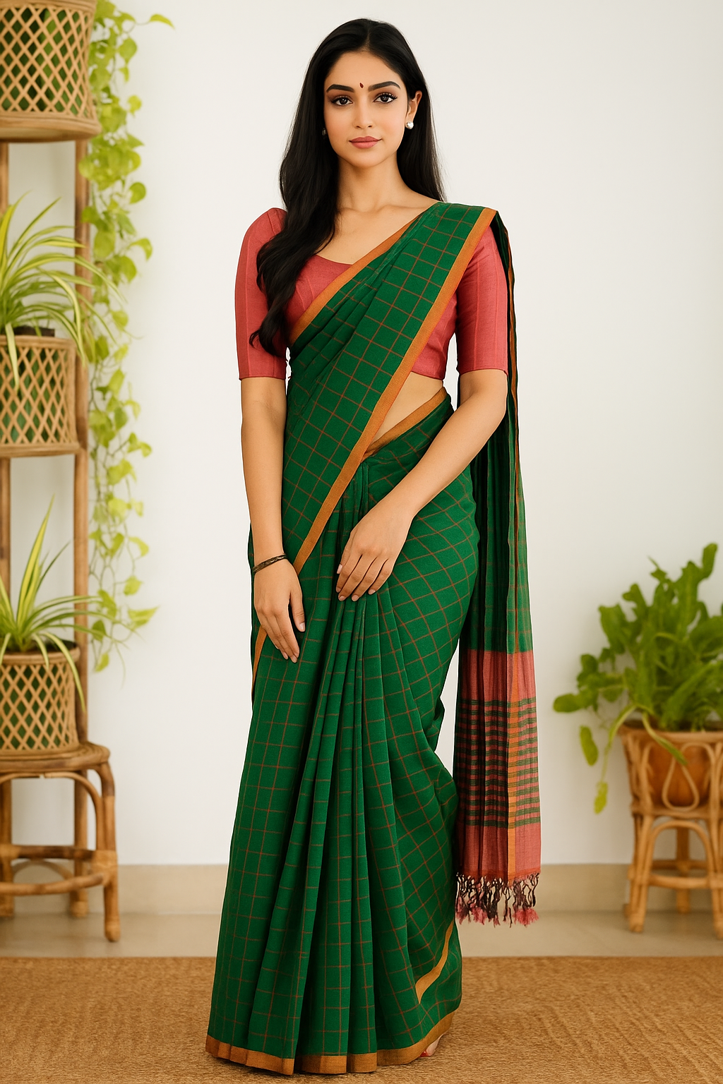 Woman wearing a green saree with a red blouse in a room with plants.