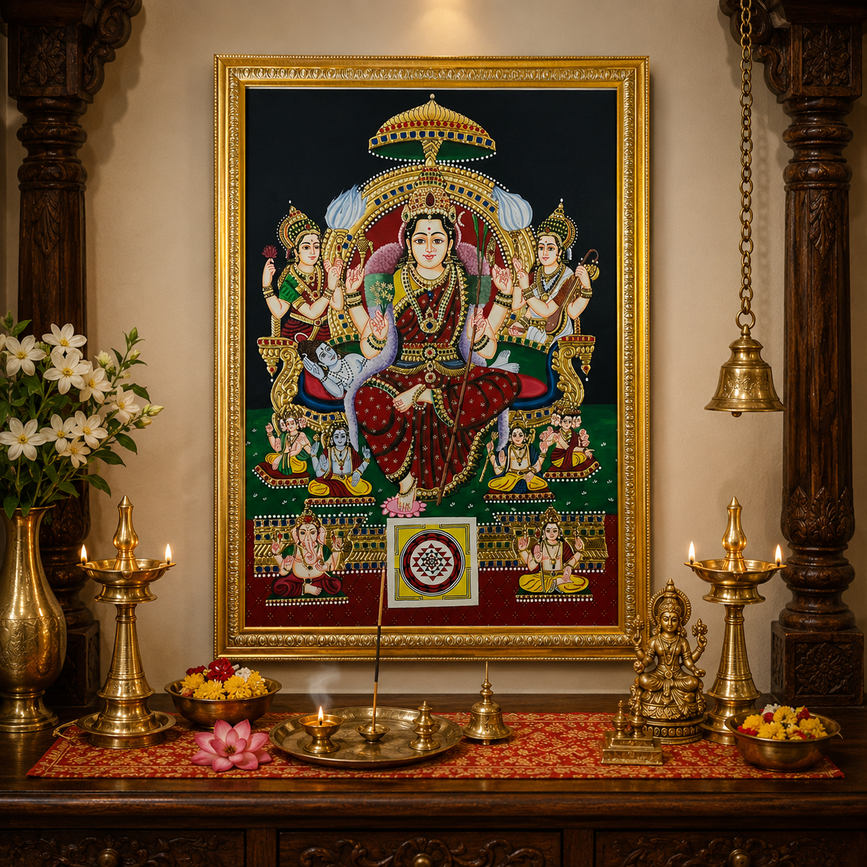 24CT Gold Foil Original Tanjore Painting – Goddess Lalitha Devi | Handmade Thanjavur Art for Pooja Room & Home Decor