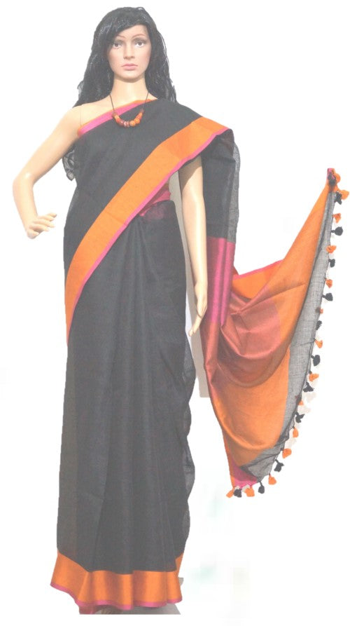 Pure handloom Linen saree in solid black with orange and pink borders