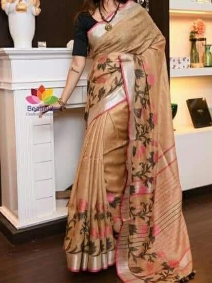 Pure linen saree with jacquard weave embroidery