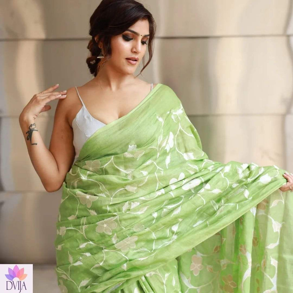 Pure handloom linen saree with chikankari embroidery