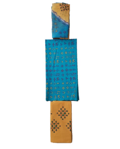 Mangalagiri cotton 3 pc unstitched suit with chiffon dupatta