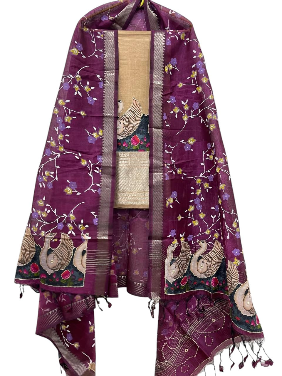 Mangalagiri silk top and dupatta with kalamkari digital prints