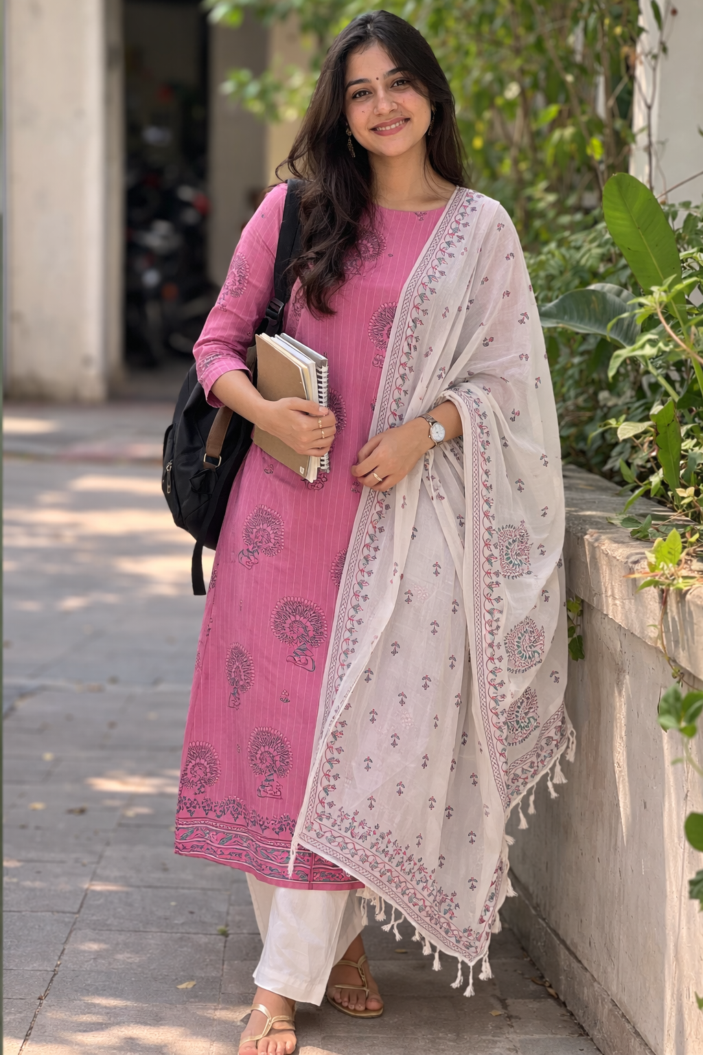 Mangalagiri Pure Handloom Cotton Dress Material – Pink Top with White Printed Dupatta