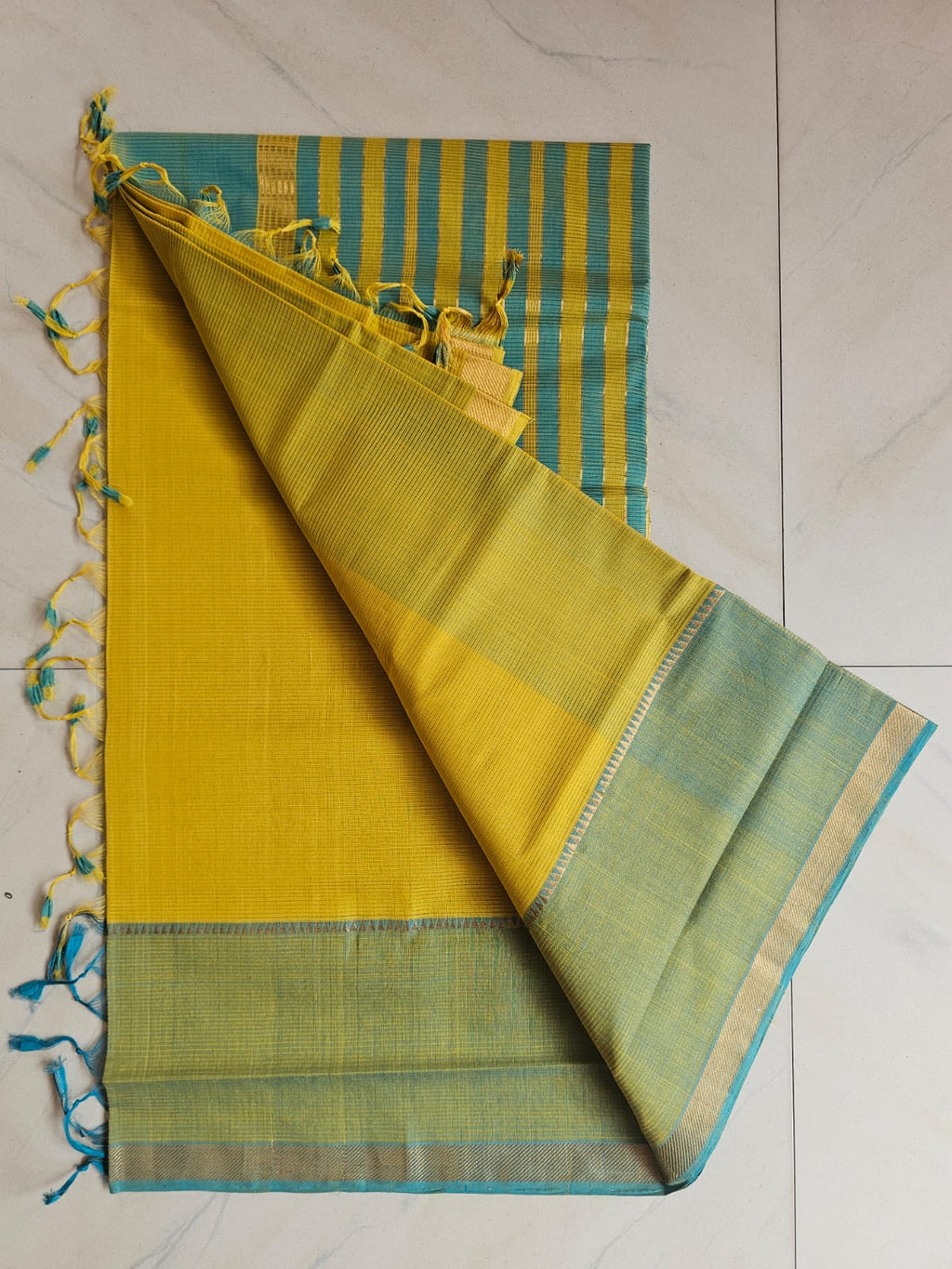 Pure Handloom Mangalagiri Cotton Saree Yellow with Green Border | Lightweight Traditional Saree for Daily & Festive Wear