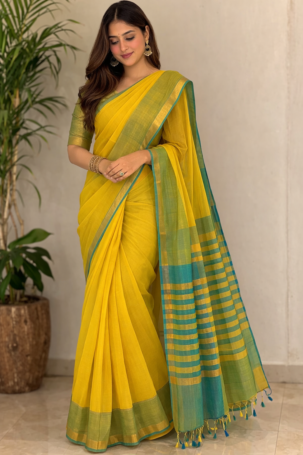 Pure Handloom Mangalagiri Cotton Saree Yellow with Green Border | Lightweight Traditional Saree for Daily & Festive Wear