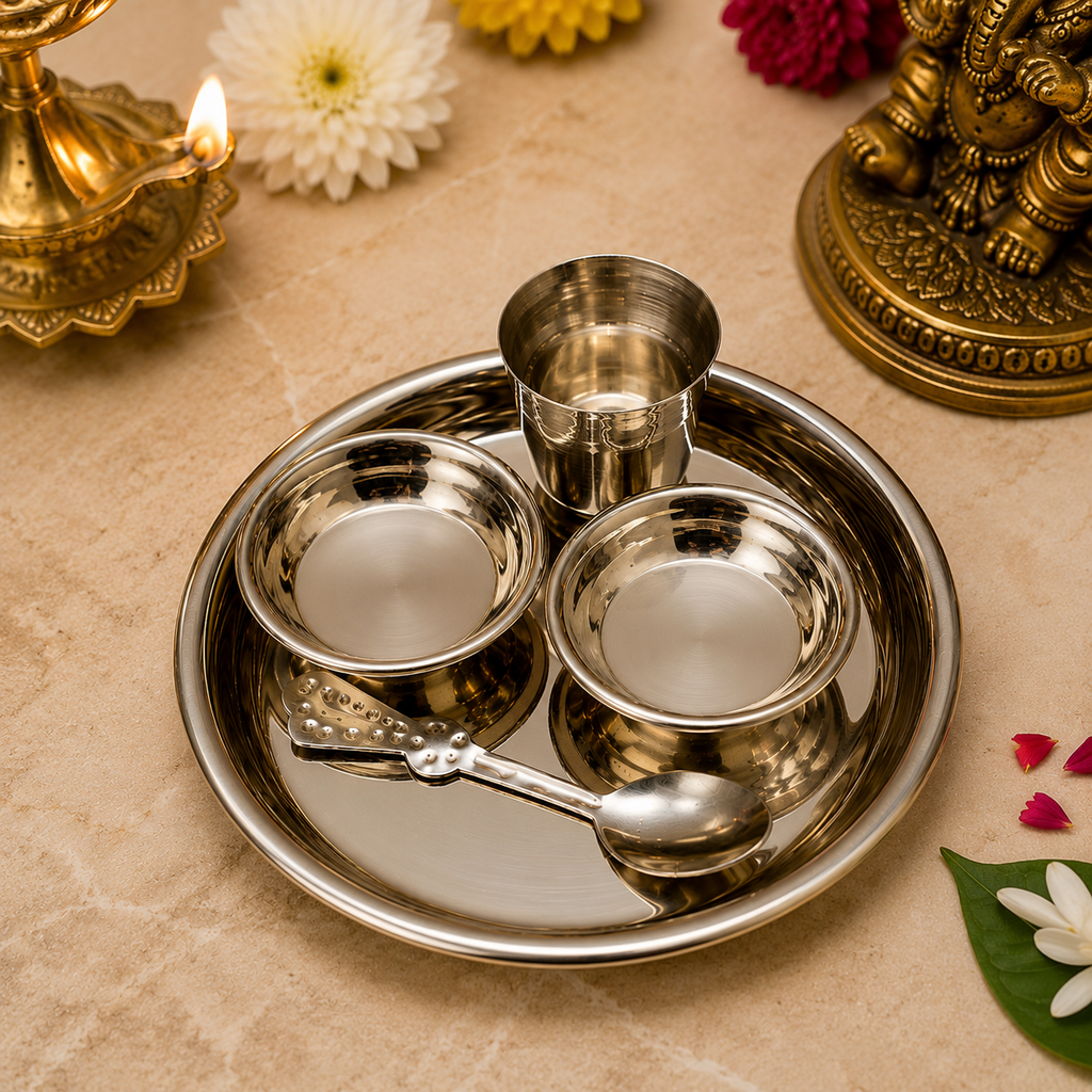 Mini Pooja Thali Set | Small Pooja Thali with Bowls, Glass & Spoon