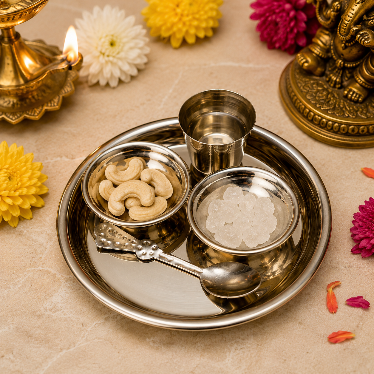 Mini Pooja Thali Set | Small Pooja Thali with Bowls, Glass & Spoon
