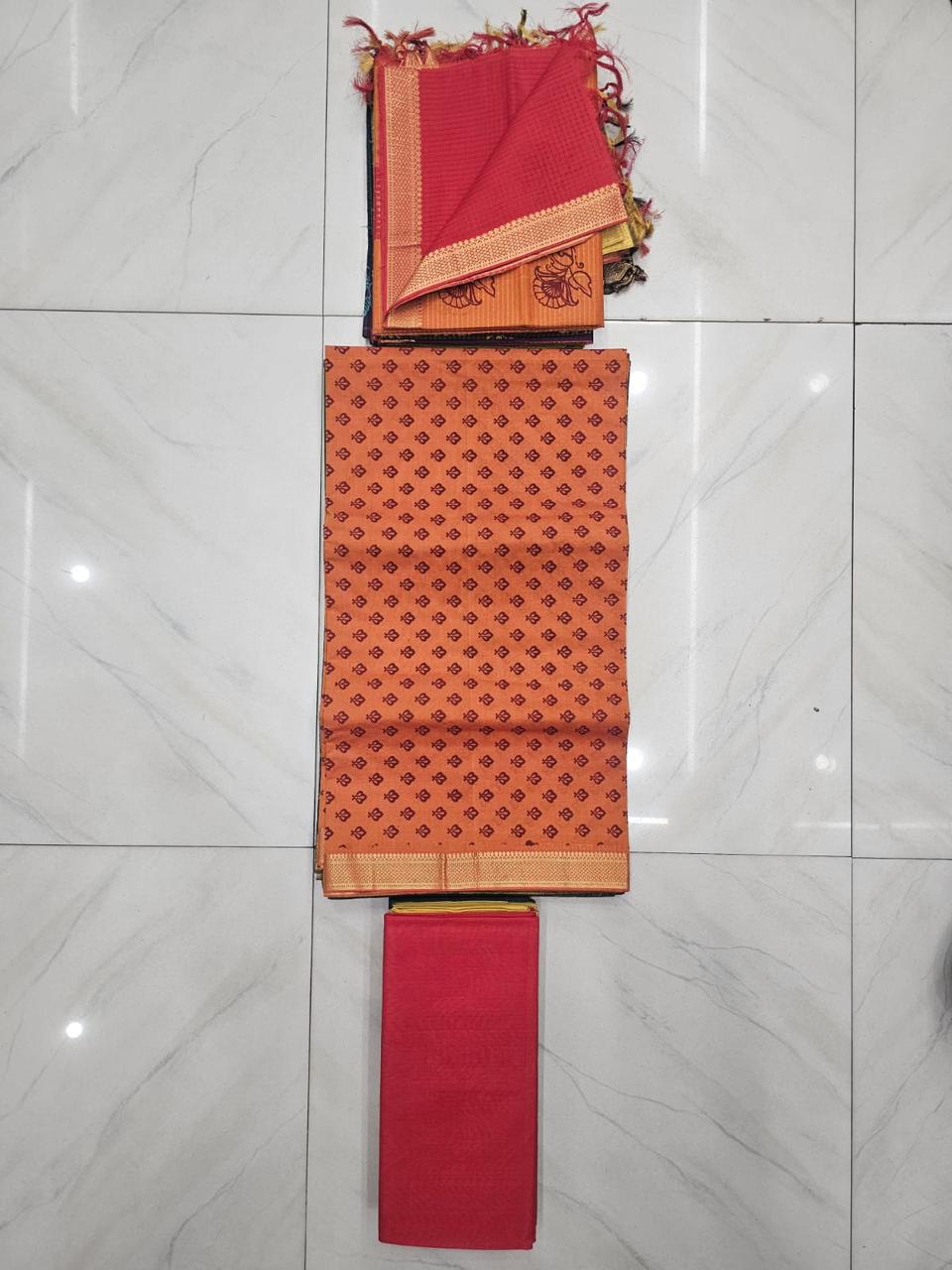 Pure Mangalagiri Cotton Dress Material 3 Piece Set Orange & Red