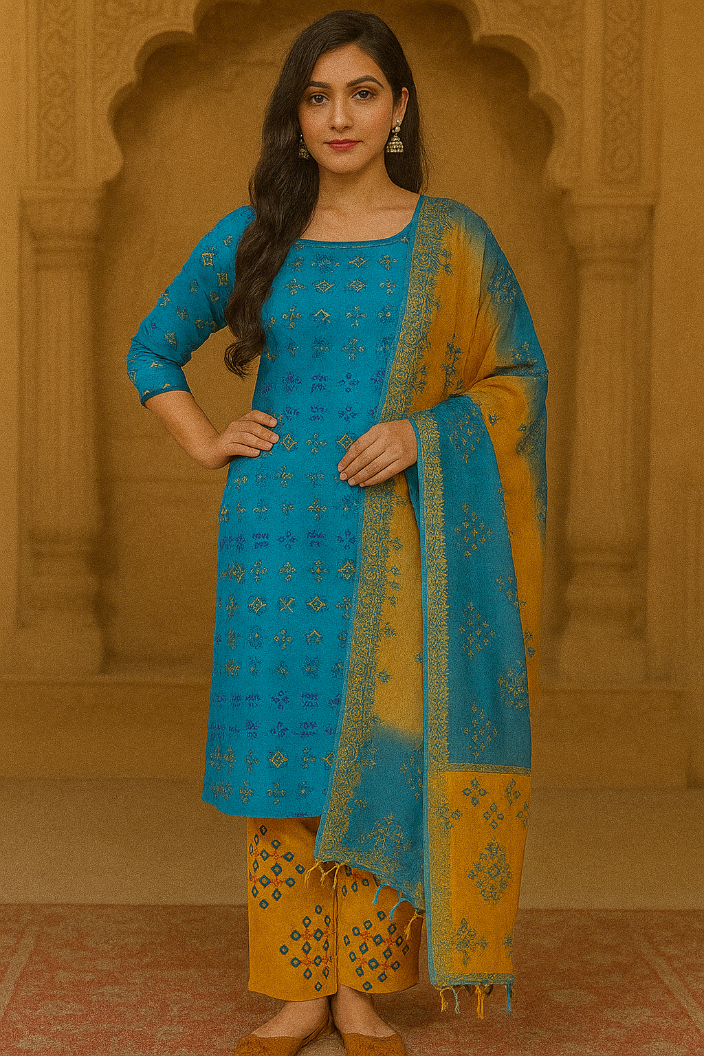 Mangalagiri cotton 3 pc unstitched suit with chiffon dupatta