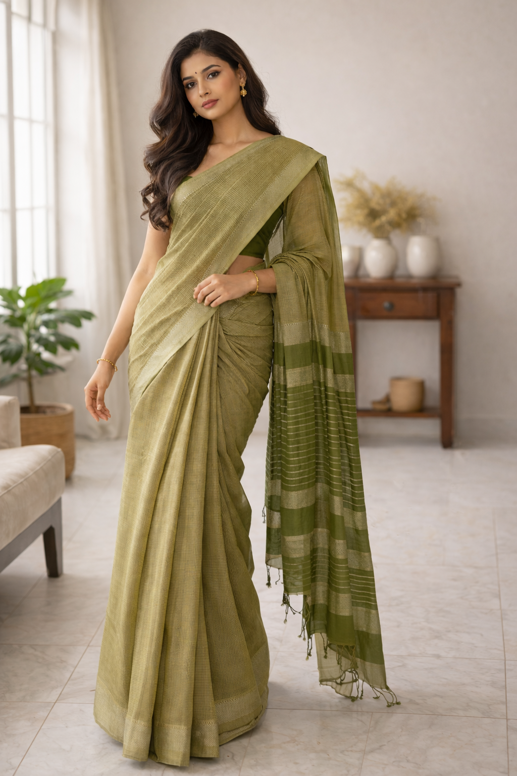 Model wearing olive green pure Mangalagiri cotton handloom saree with striped pallu lightweight summer friendly saree for women