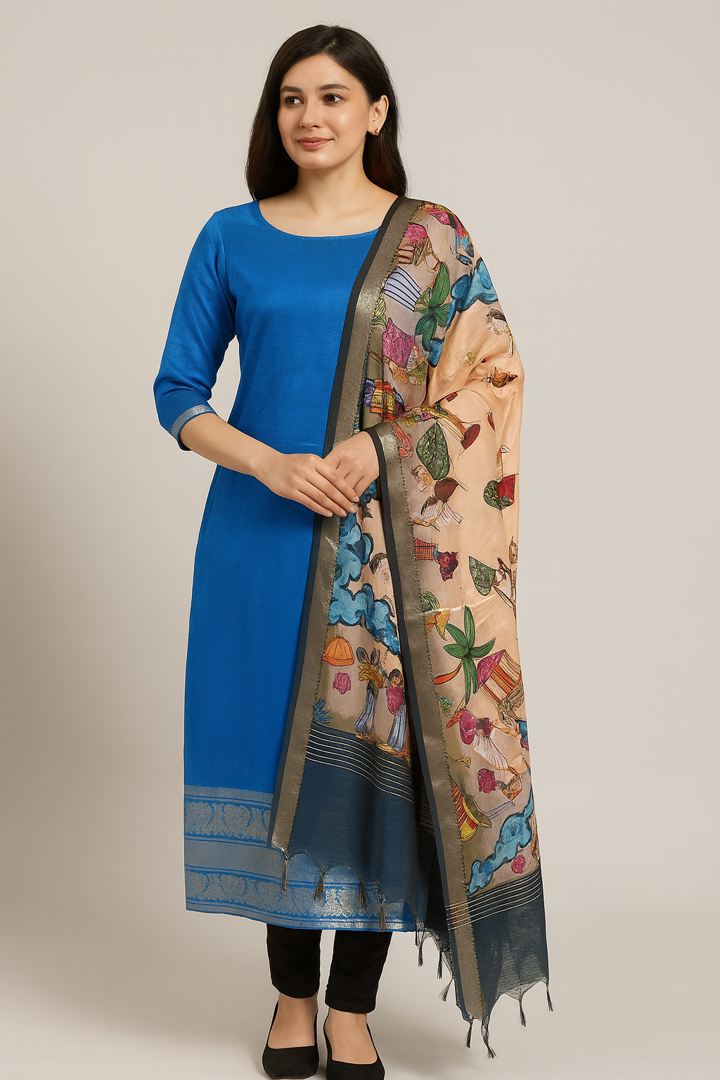 Mangalagiri silk top and dupatta in kalamkari digital print - Blue and beige