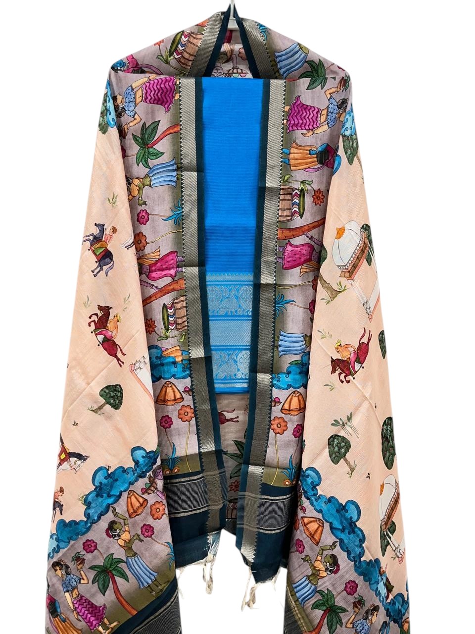 Mangalagiri silk top and dupatta in kalamkari digital print - Blue and beige