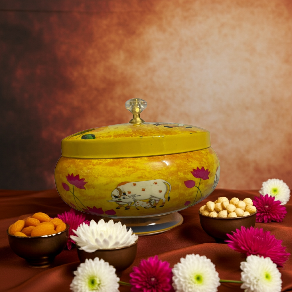 Pichwai design dry fruit jar for Return gifting and personal use