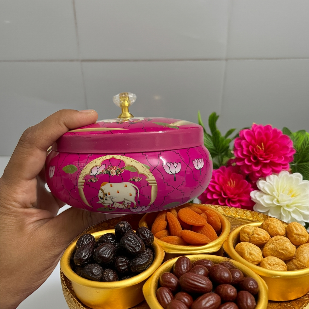 Pichwai design dry fruit jar for Return gifting and personal use