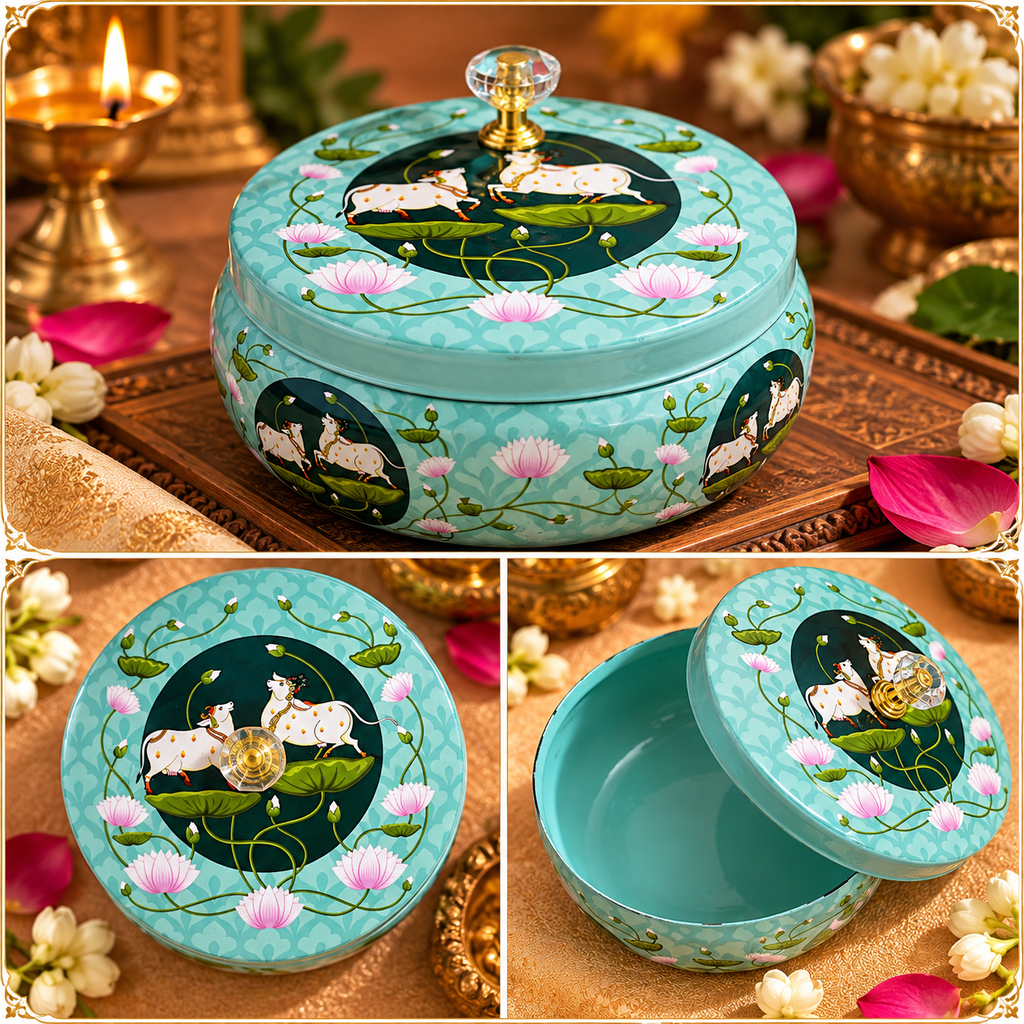 Traditional Pichwai Return Gift Box in Green | Decorative Cow & Lotus Gift Tin | Kria Arts
