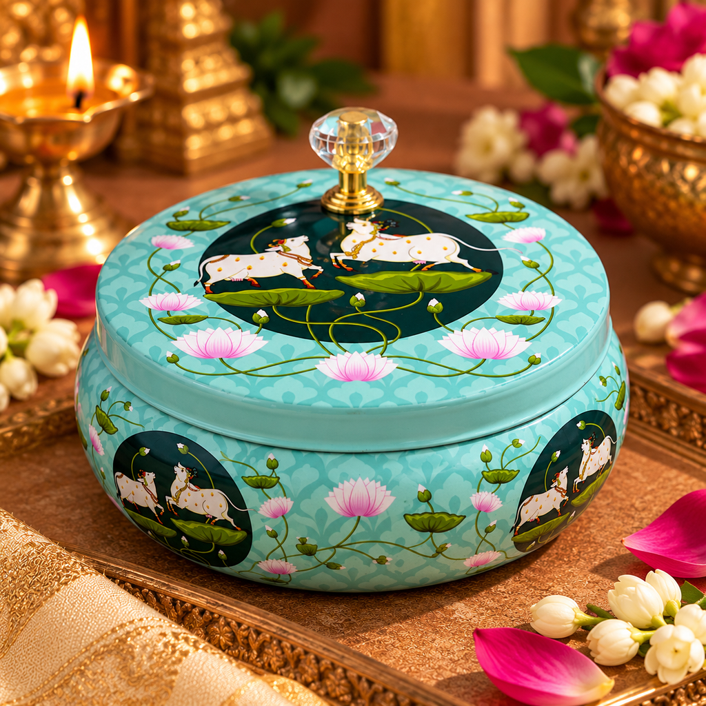Traditional Pichwai Return Gift Box in Green | Decorative Cow & Lotus Gift Tin | Kria Arts