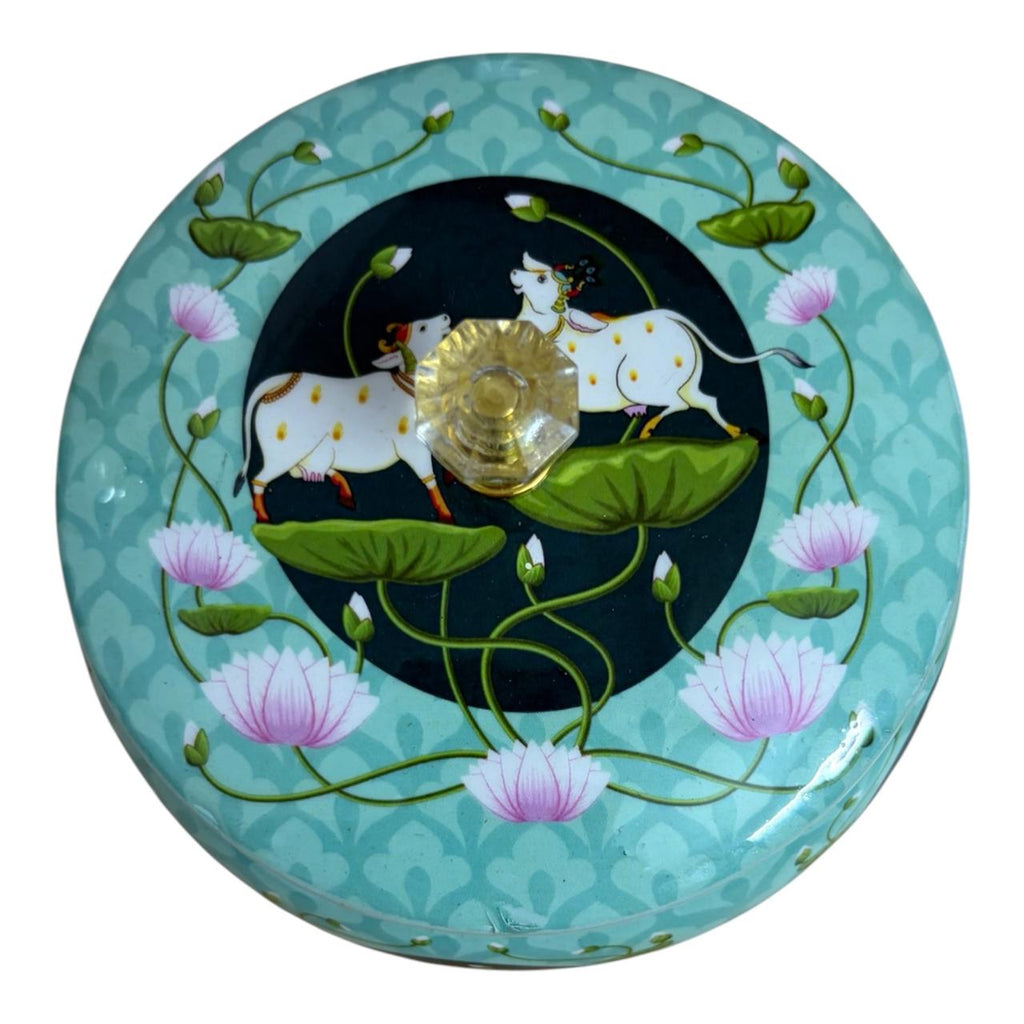 Traditional Pichwai Return Gift Box in Green | Decorative Cow & Lotus Gift Tin | Kria Arts