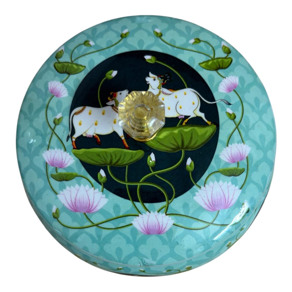Traditional Pichwai Return Gift Box in Green | Decorative Cow & Lotus Gift Tin | Kria Arts