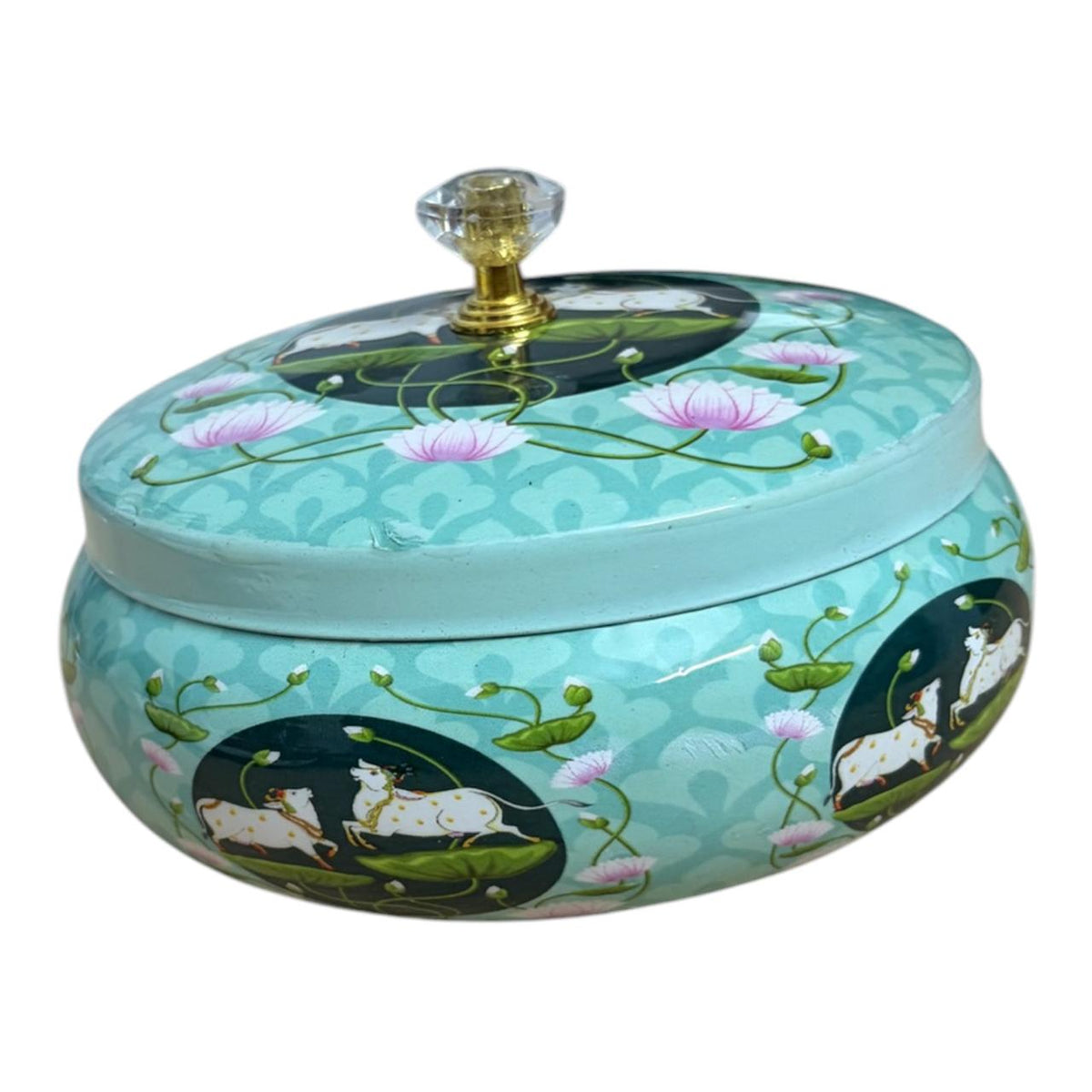 Traditional Pichwai Return Gift Box in Green | Decorative Cow & Lotus Gift Tin | Kria Arts