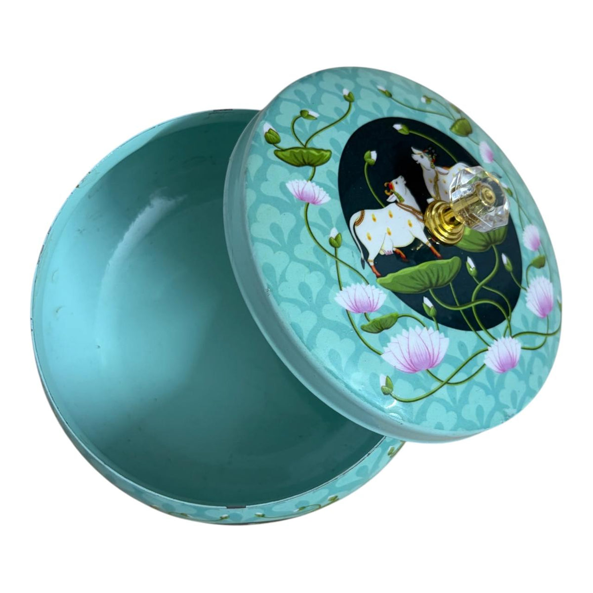 Traditional Pichwai Return Gift Box in Green | Decorative Cow & Lotus Gift Tin | Kria Arts