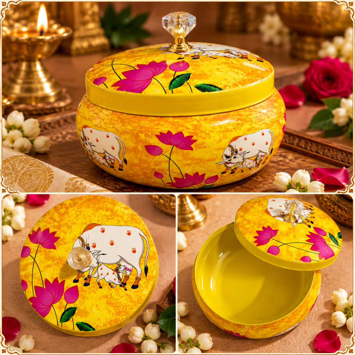 Traditional Pichwai Return Gift Box in Yellow | Decorative Cow & Lotus Gift Tin | Kria Arts