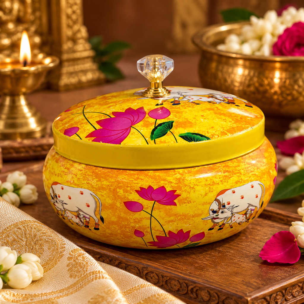Traditional Pichwai Return Gift Box in Yellow | Decorative Cow & Lotus Gift Tin | Kria Arts